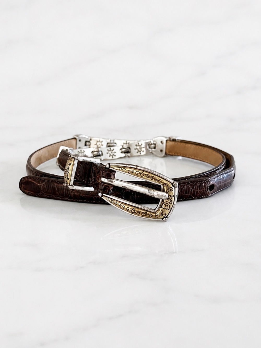 Brighton Western Brown Leather Croc-Embossed Concho Belt, Silver & Gold sz. 32 - Picture 16 of 16